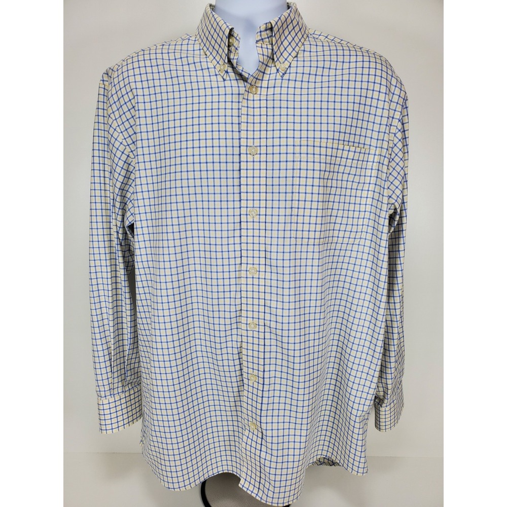 HATHAWAY Men's Size Large Non-Iron Yellow Blue Check Button Down *Read* - Picture 2 of 12